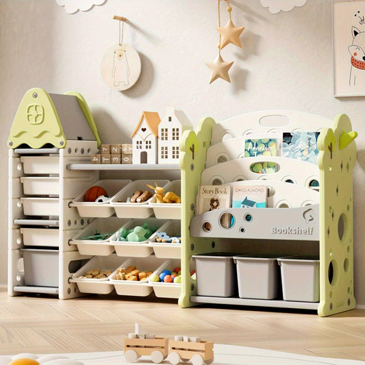 Storage Organizer with 17 Removable Bins, 4-Tier Bookshelf, Multi-Purpose Castle-Shaped Organizer for Playroom, Bedroom, Nursery, Living Room Storage Organizer (Green)