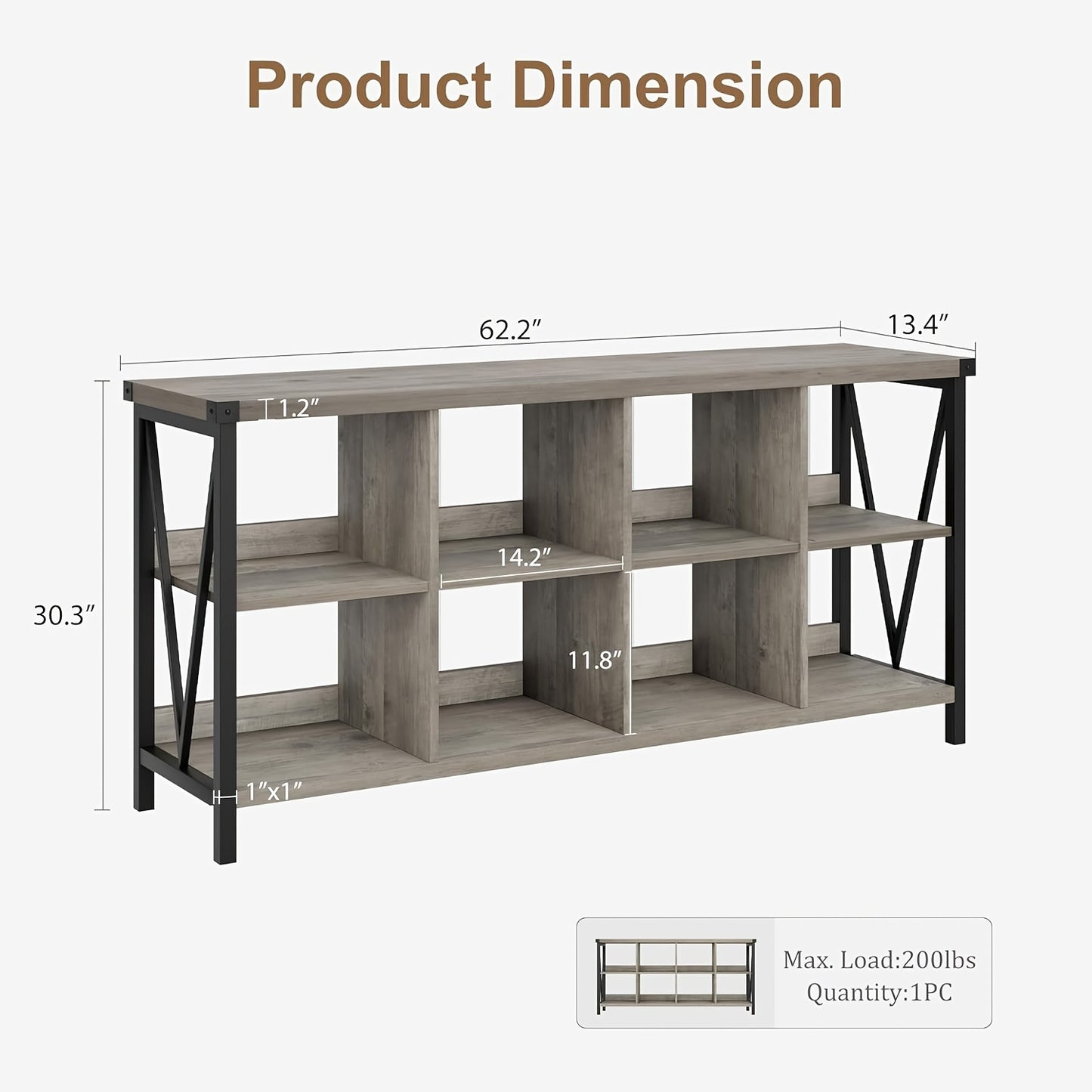 8 Cube Storage Organizer Bookshelf, 3 Tier Metal Horizontal Bookcase, 62 Inch Console Bookshelves, Industrial Storage Bookcase For Entryway, Long Low Bookshelf For Living Room-Retro Gray