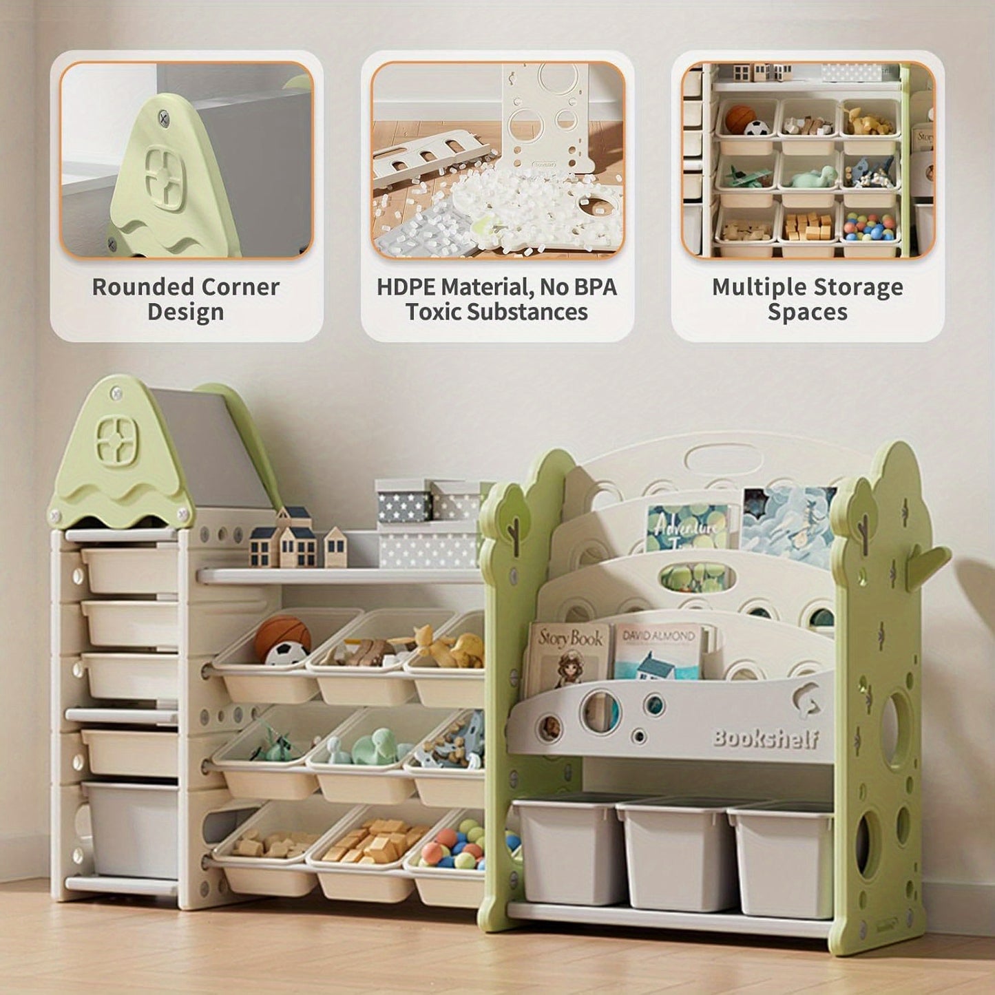 Storage Organizer with 17 Removable Bins, 4-Tier Bookshelf, Multi-Purpose Castle-Shaped Organizer for Playroom, Bedroom, Nursery, Living Room Storage Organizer (Green)