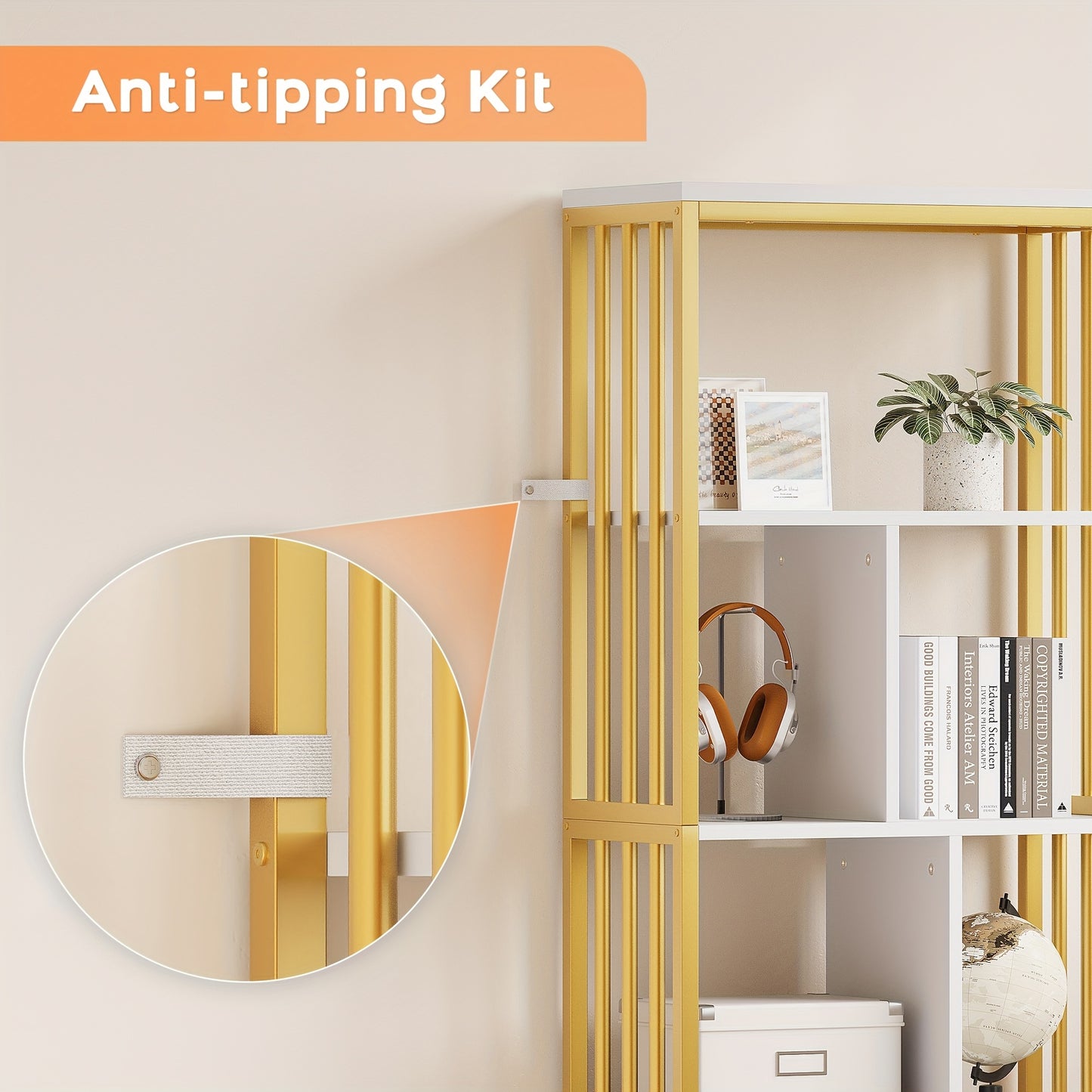 Bookshelf And Bookcase with Storage Cabinet And 2 Drawers, White And Golden Bookshelf, Standing 5 Tiers Book Shelves Display Rack with Doors for Bedroom Living Room Office, Golden