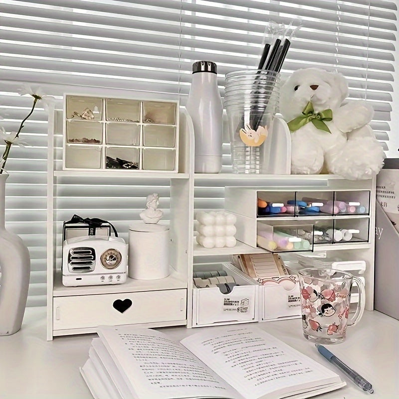 Expandable Desktop Bookshelf with Drawers - Adjustable Plastic Storage Organizer for Office Supplies, Makeup, School Essentials - Multi-Functional Desk Rack with Easy Access Drawers - Ideal for Home and Office Use
