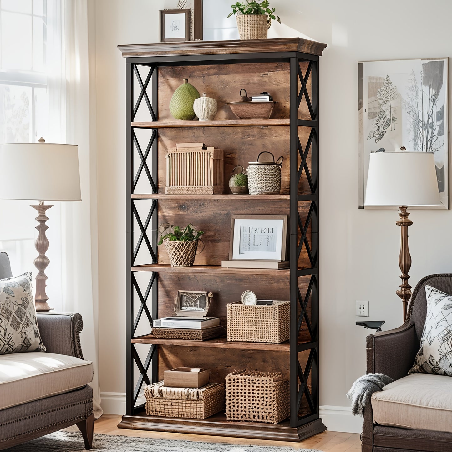 Industrial Bookshelves And Bookcases Floor Standing 6 Shelf Display Storage Shelves 70.87 In Tall Bookcase Home Decor Furniture For Home Office, Living Room, Bed Room