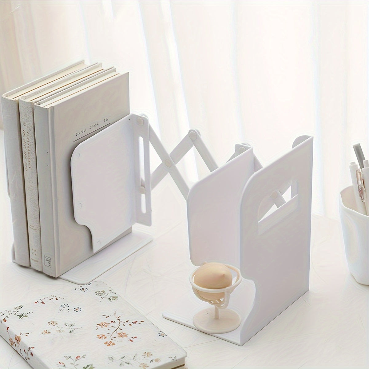 1pc, adjustable white ABS bookshelf for multiple books, modern decor for students and readers, perfect for office use, complete with clips and stands - expandable design