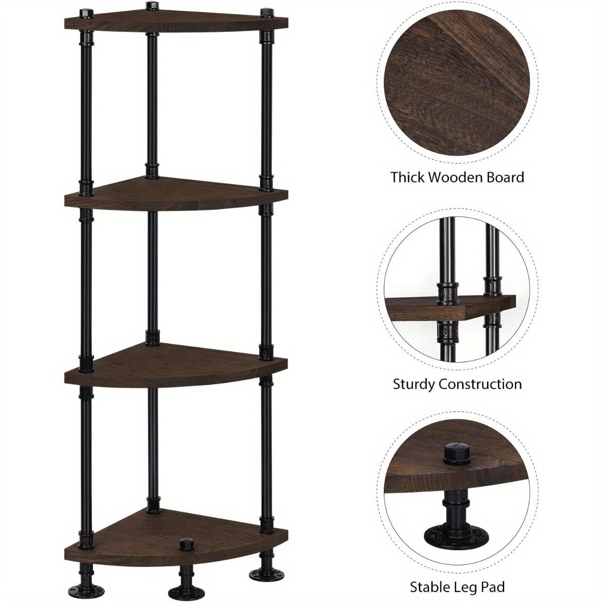 4-Tier Freestanding Corner Bookshelf & Plant Display Stand, Gray White Wood with Black Metal Frame – Multi-Purpose Storage Organizer for Bedroom, Living Room, Balcony, Office, or Hallway, Bookshelf Decorations, Mounted Closet Systems