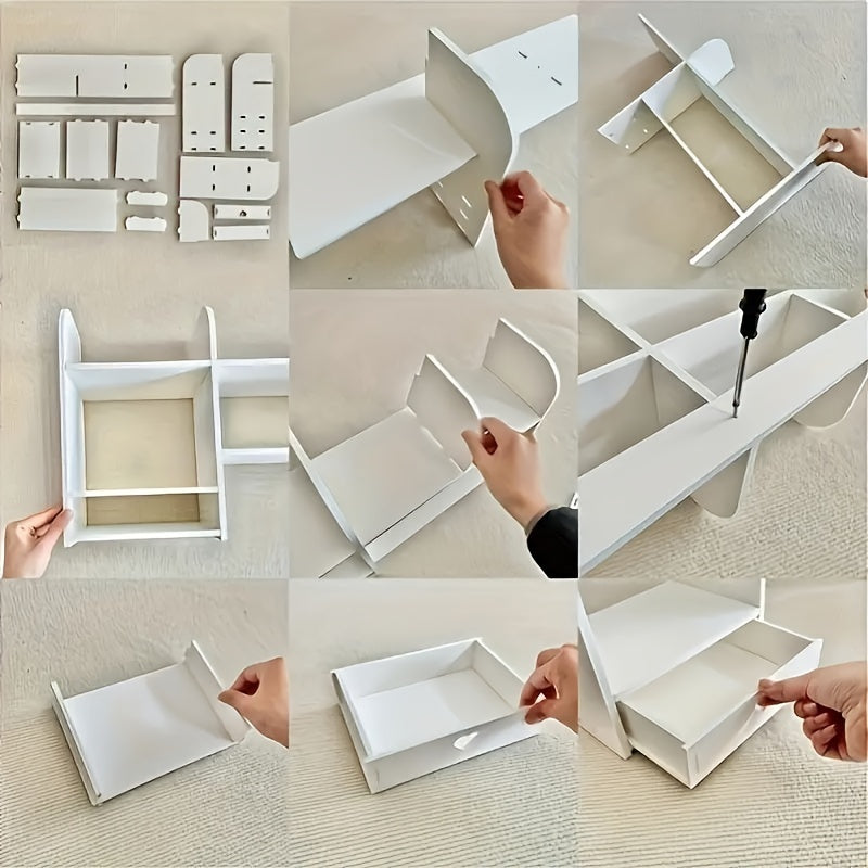 Expandable Desktop Bookshelf with Drawers - Adjustable Plastic Storage Organizer for Office Supplies, Makeup, School Essentials - Multi-Functional Desk Rack with Easy Access Drawers - Ideal for Home and Office Use