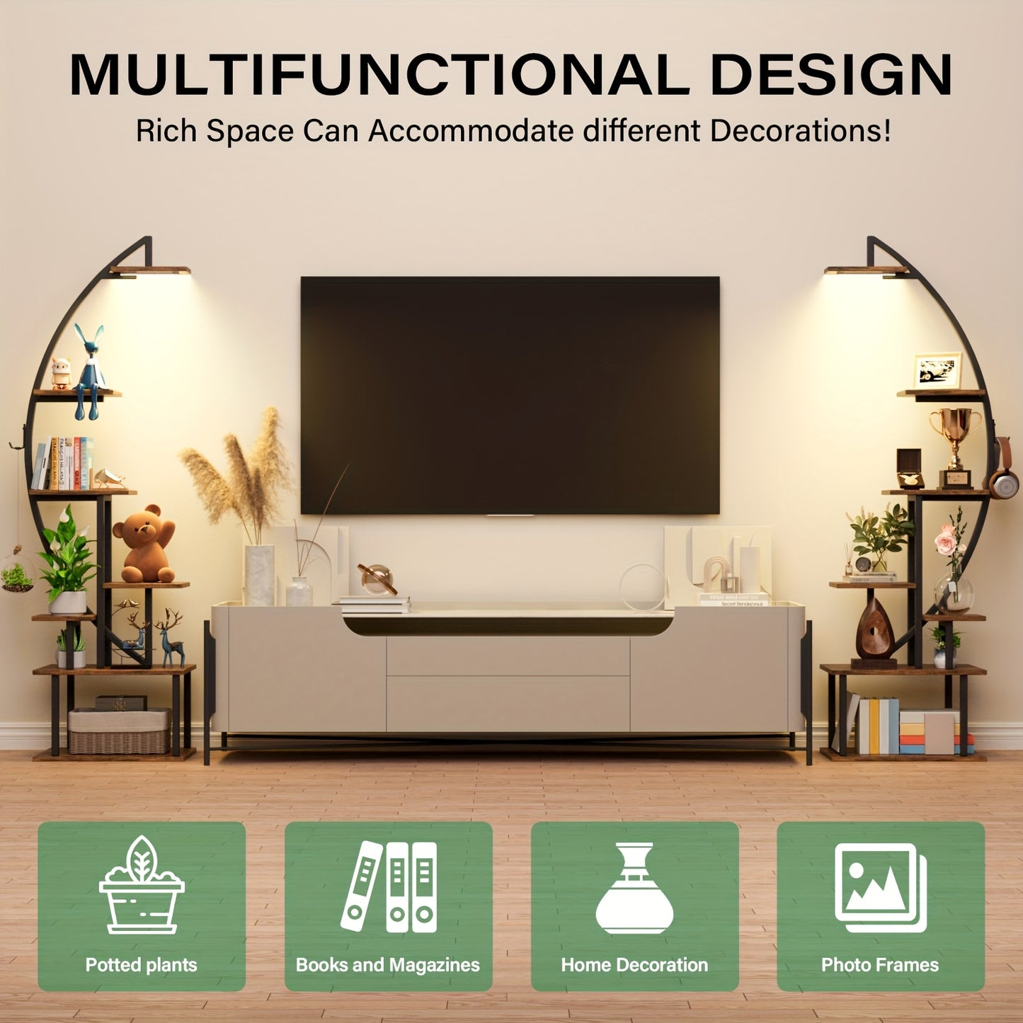 2pcs Bookshelf With Lights, 7 Tiered 65' Multi-functional Metal Black&brown Shelving Unit Wood Bookcase For Books Handicraft Decorations Frames Multiple, Corner Display Stand For Living Room Study Room Bedroom Hallway Good Choice For Gifts Home Decor
