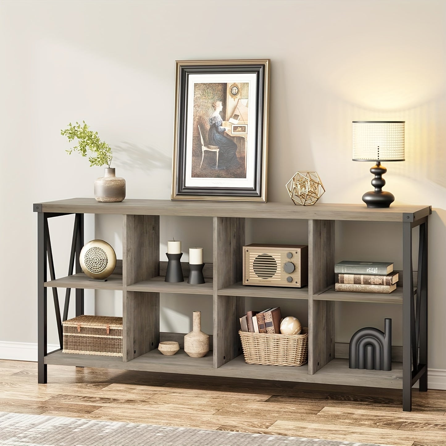 8 Cube Storage Organizer Bookshelf, 3 Tier Metal Horizontal Bookcase, 62 Inch Console Bookshelves, Industrial Storage Bookcase For Entryway, Long Low Bookshelf For Living Room-Retro Gray
