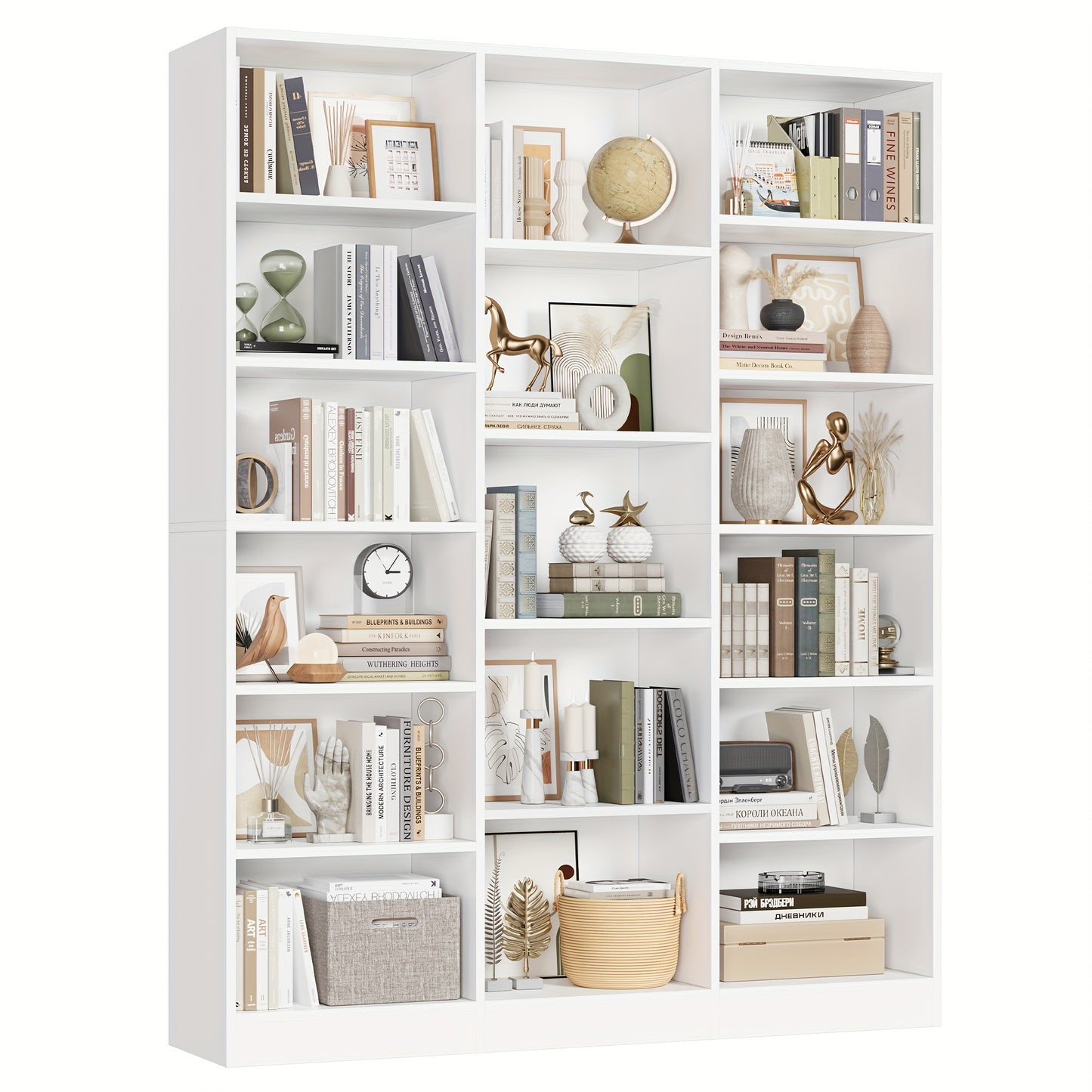 Triple Wide Bookshelf - 6-Tier 17-Shelf Solid Hardwood Bookcase, 74\