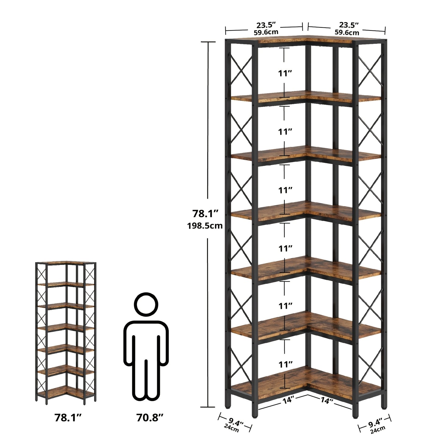 Industrial 7-Tier Corner Bookshelf, Multipurpose Metal and Wood Overhead Mounted Storage Display Rack, with Tiered Shelves for Living Room, Home Office, Utility Racks