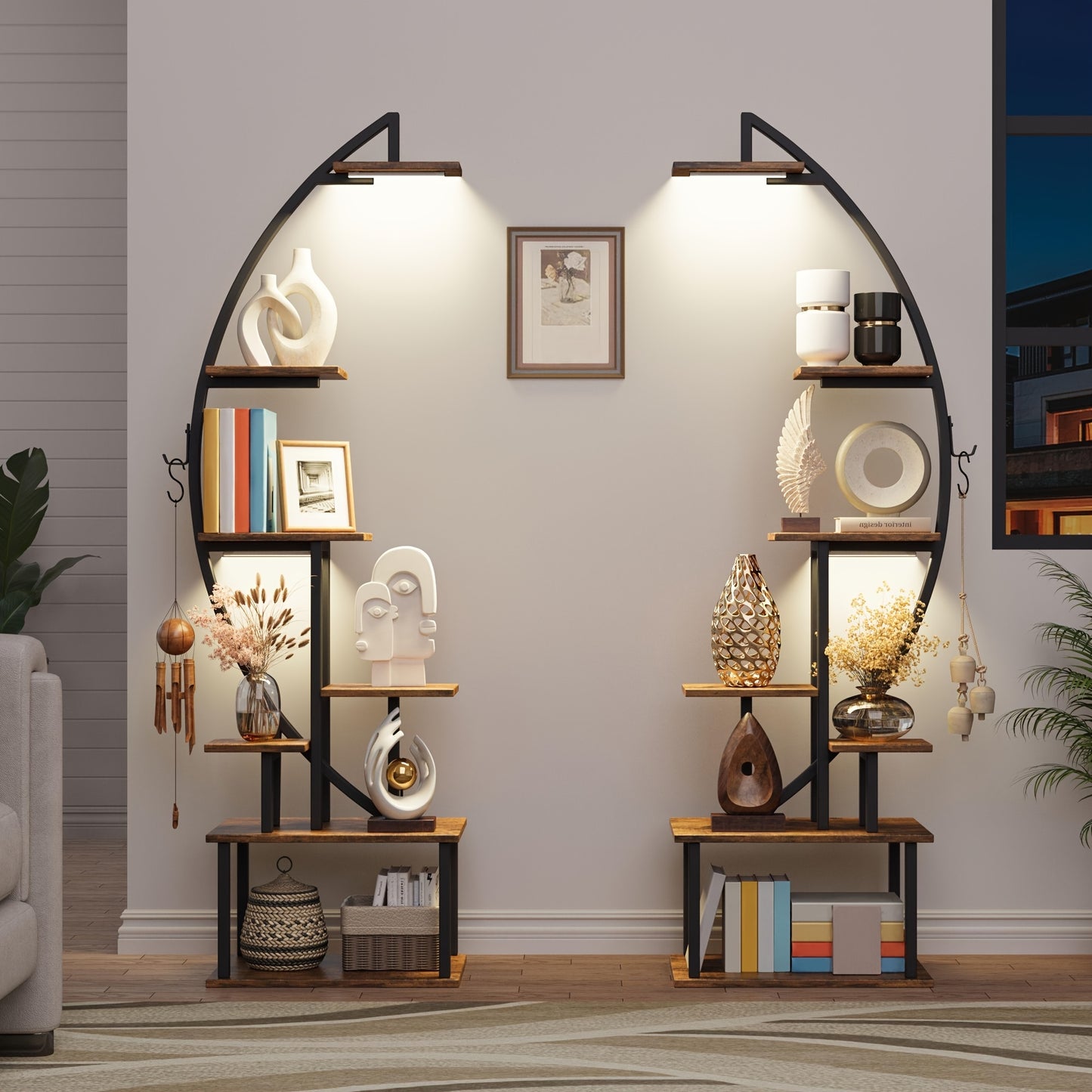 2pcs Bookshelf With Lights, 7 Tiered 65' Multi-functional Metal Black&brown Shelving Unit Wood Bookcase For Books Handicraft Decorations Frames Multiple, Corner Display Stand For Living Room Study Room Bedroom Hallway Good Choice For Gifts Home Decor