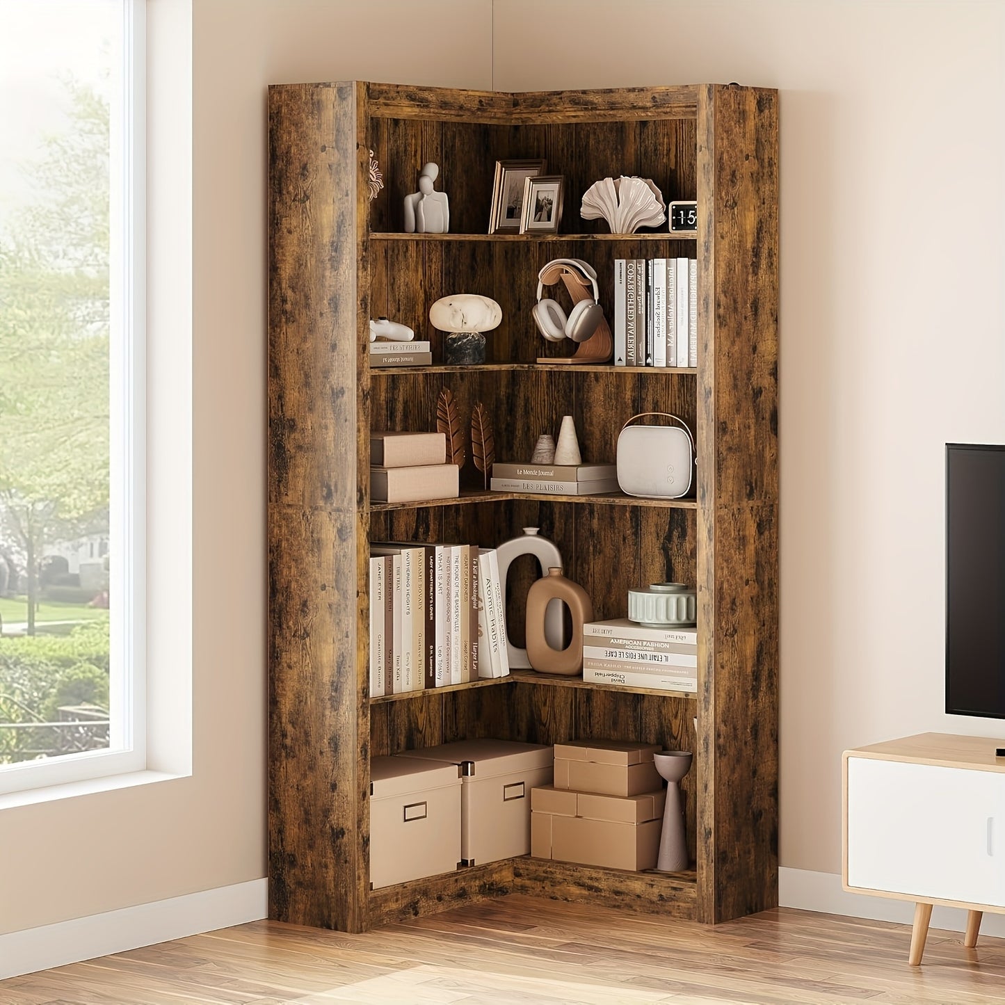 Corner Bookshelf Farmhouse Corner Bookcase 71.8'' Tall Bookcase, 5 Tier L-Shaped Bookshelf Large Corner Shelf, Bookcase With Storage Heavy Duty For Bedroom Living Room Home Office