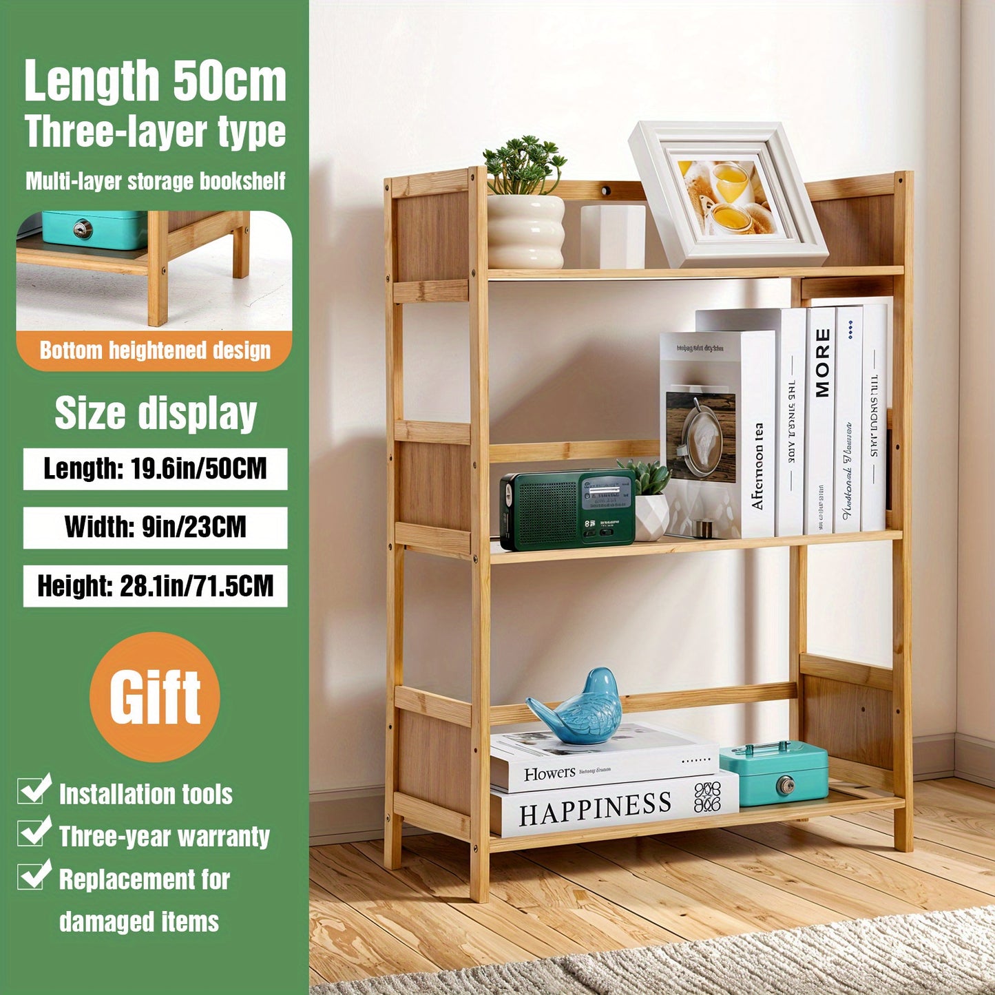Three-layer Bookshelf Multi-layer Floor-standing Bookshelf | Three-layer, 50cm (19.6 Inches), Independence Day Living Room Decoration Essential