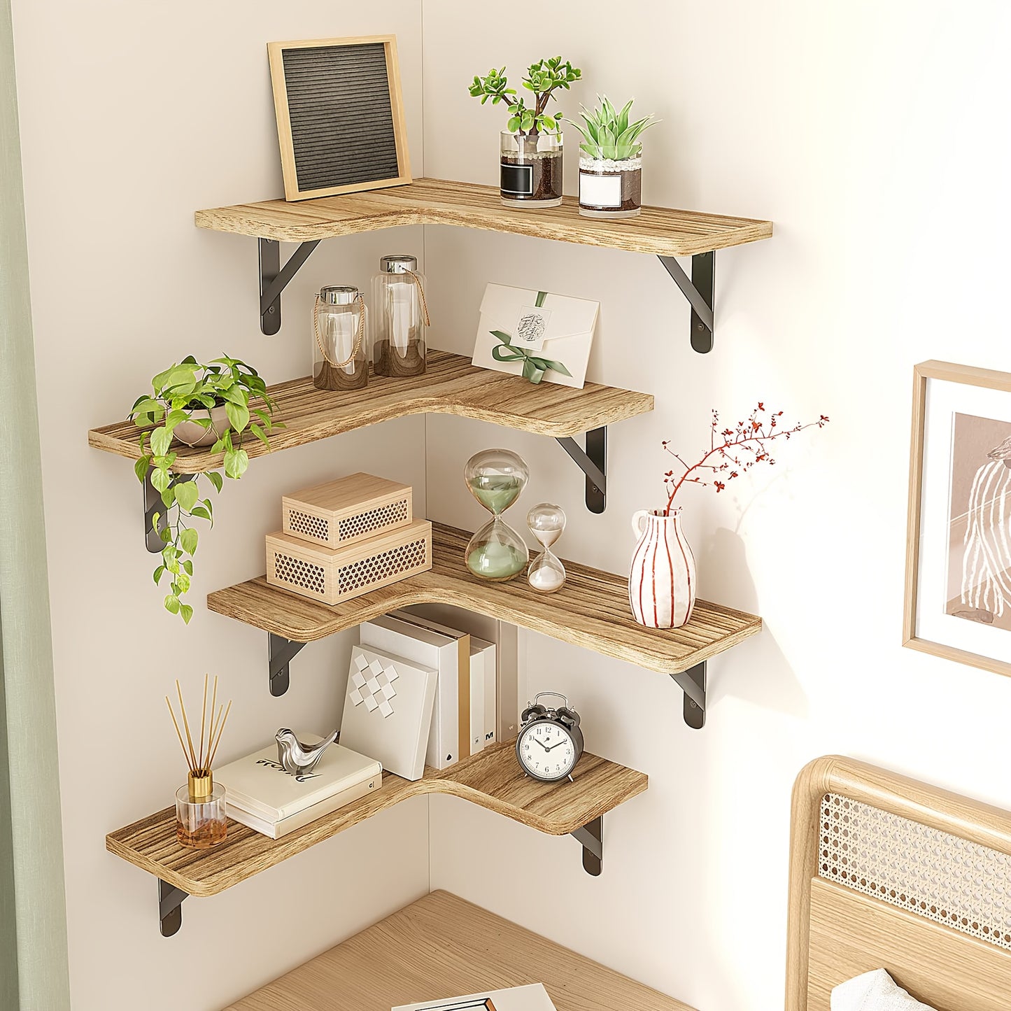 TOMNK 5pcs 16.1In Floating Shelves, Bookcases, Cabinets & Shelves, Rustic Wood Wall Mounted Corner Shelf For Bedroom, Bathroom, Kitchen, Home Decor, Laundry Room, Living Room, Light Brown, For Halloween And Christmas