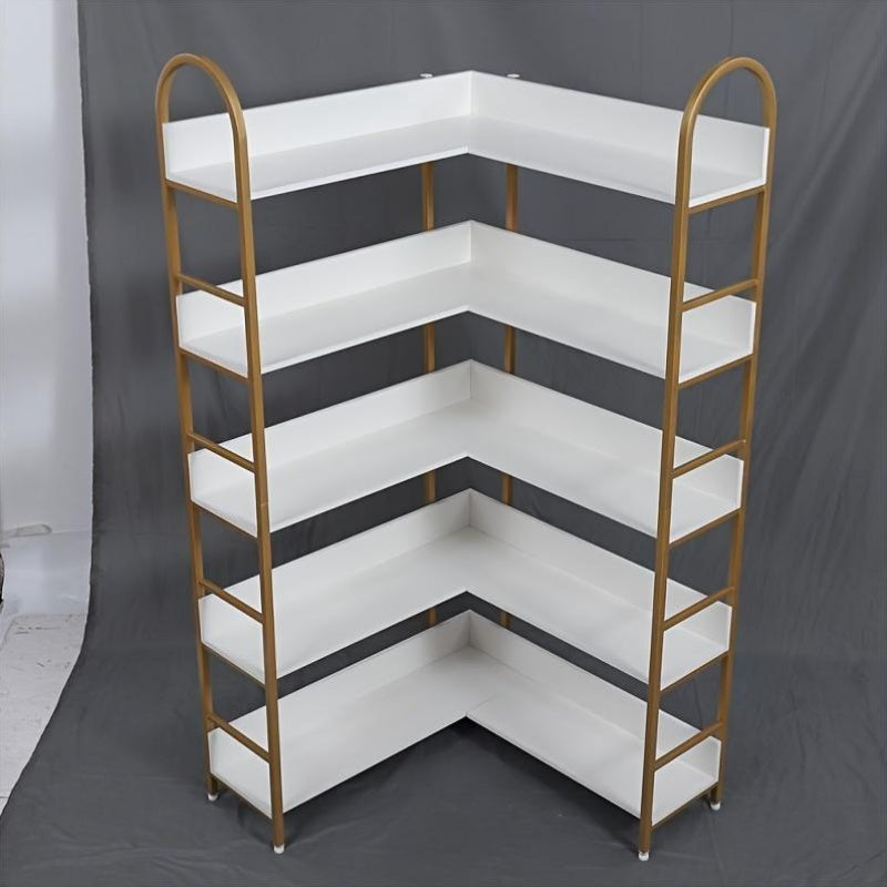 1pc Contemporary 5-Tier Lockable Metal Corner Bookshelf, Floor Mount Storage Rack with Back, No Electricity Needed, White and Golden, Storage Cabinets
