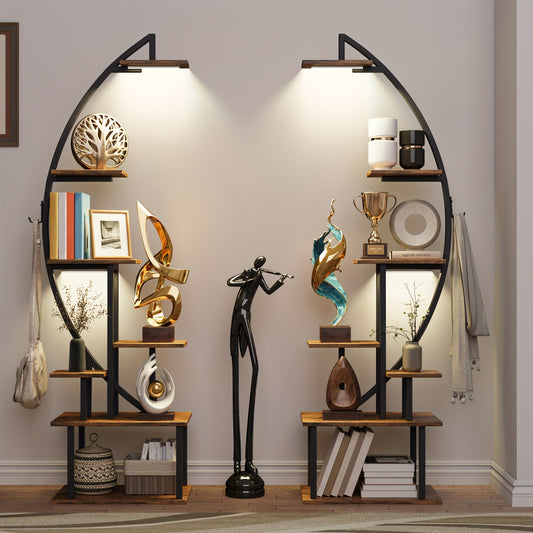 2pcs Bookshelf With Lights, 7 Tiered 65' Multi-functional Metal Black&brown Shelving Unit Wood Bookcase For Books Handicraft Decorations Frames Multiple, Corner Display Stand For Living Room Study Room Bedroom Hallway Good Choice For Gifts Home Decor
