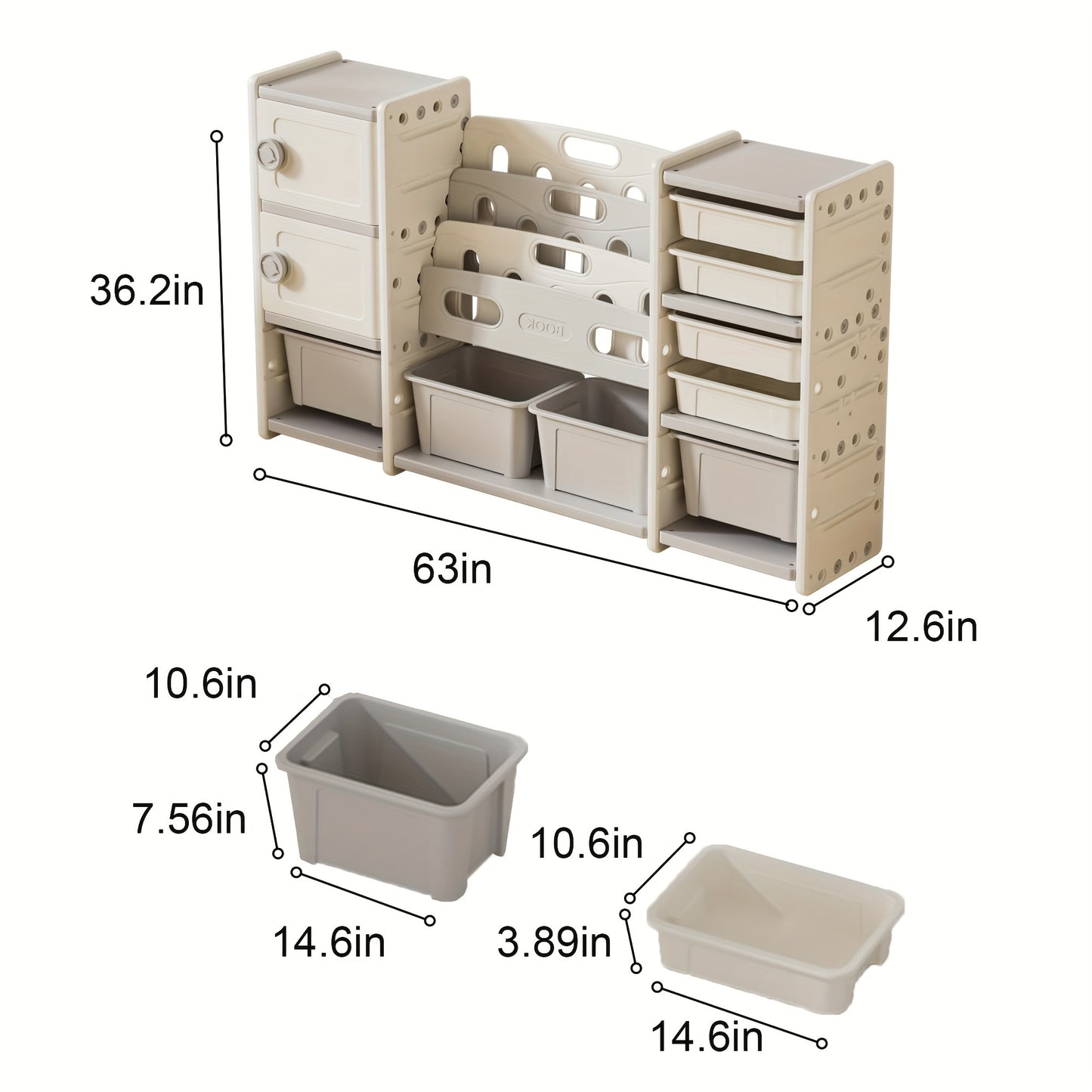Levader Beige Multilayer Plastic Storage Cabinet With Bookshelf, 8 Storage Boxes + 2 Cabinets, Multipurpose Storage Rack, Easy To Assemble Large Storage Shelves, Suitable For Living Room, Bedroom, Dining Room, Game Room