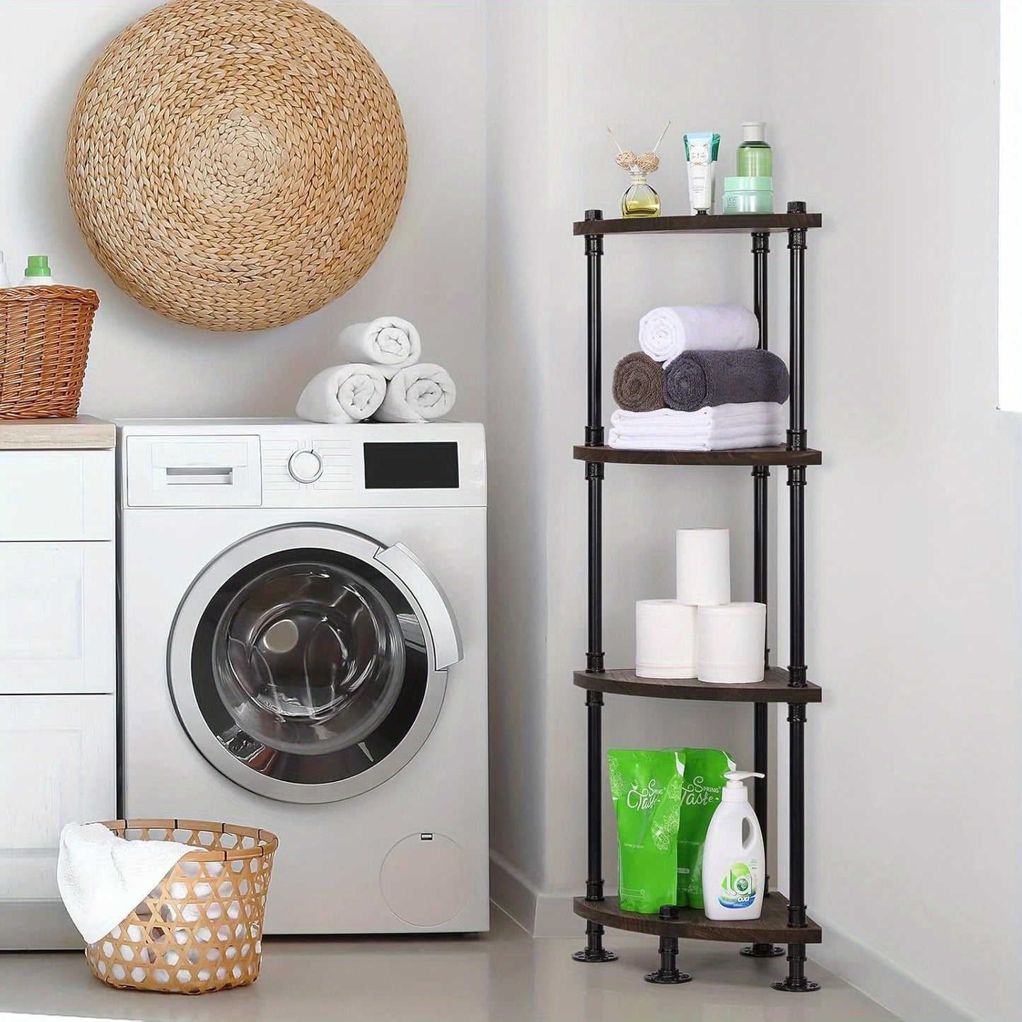 4-Tier Freestanding Corner Bookshelf & Plant Display Stand, Gray White Wood with Black Metal Frame – Multi-Purpose Storage Organizer for Bedroom, Living Room, Balcony, Office, or Hallway, Bookshelf Decorations, Mounted Closet Systems