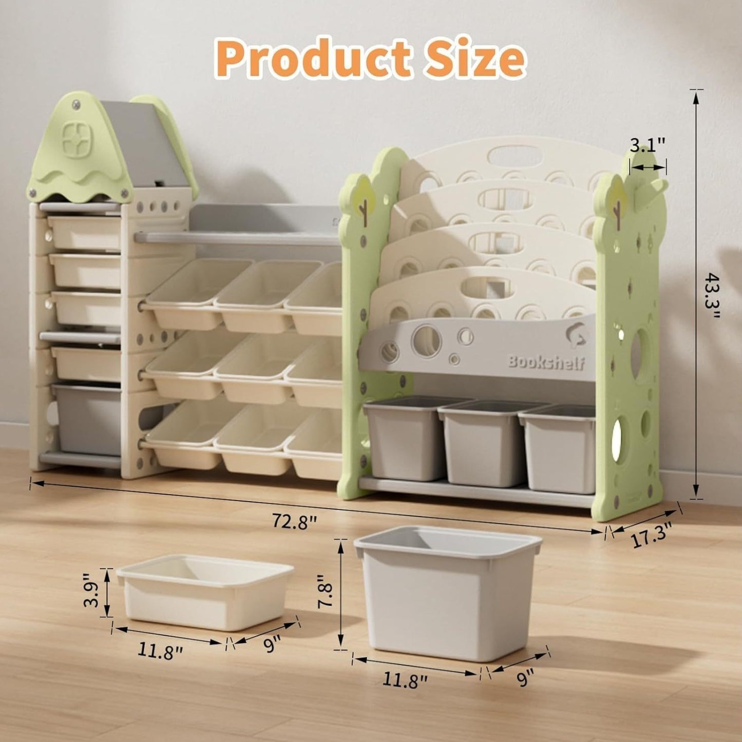 Storage Organizer with 17 Removable Bins, 4-Tier Bookshelf, Multi-Purpose Castle-Shaped Organizer for Playroom, Bedroom, Nursery, Living Room Storage Organizer (Green)