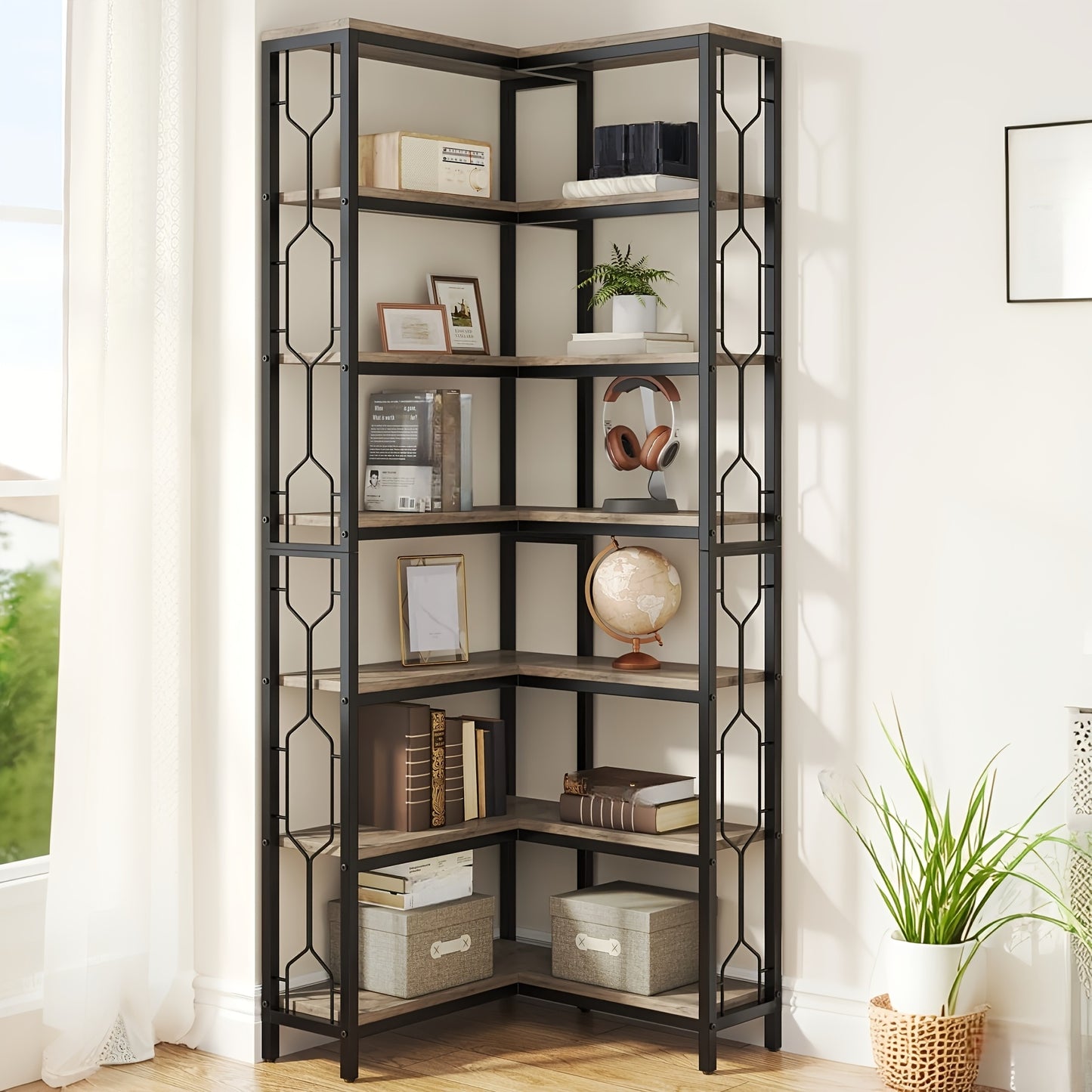 7-Tier Industrial Corner Bookshelf - Black Metal Frame, Space-Saving Design, Easy Assembly, Versatile Storage for Living Room or Office, Durable Particle Board & Metal Construction, Bookshelf Decorations