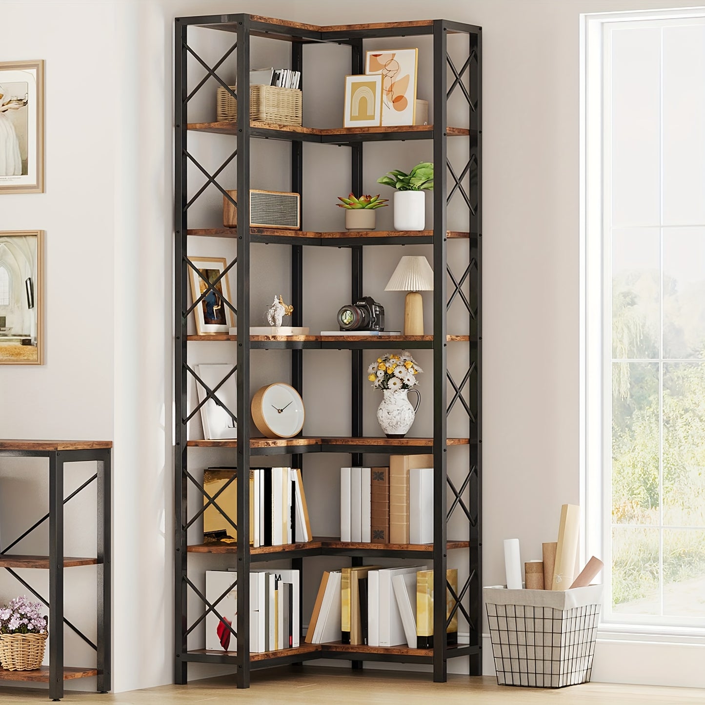 Industrial 7-Tier Corner Bookshelf, Multipurpose Metal and Wood Overhead Mounted Storage Display Rack, with Tiered Shelves for Living Room, Home Office, Utility Racks