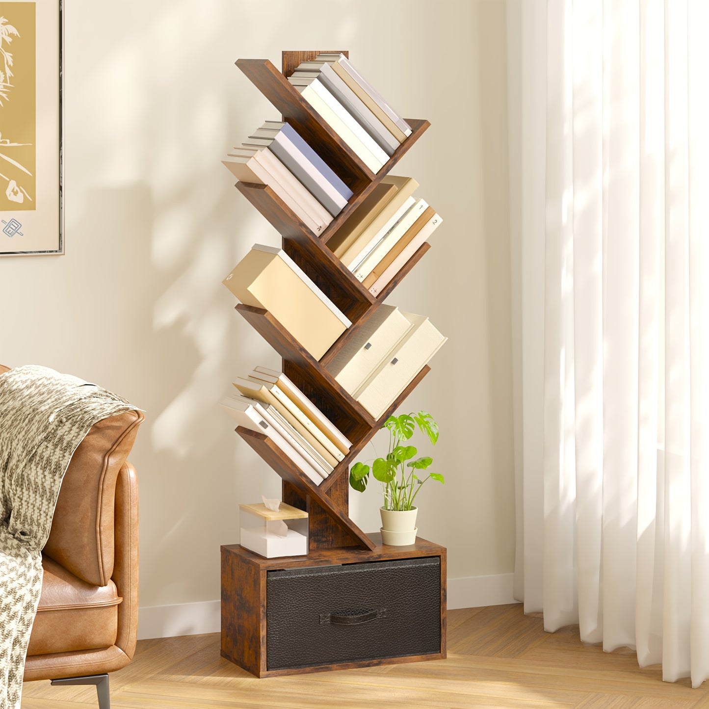 TOMNK 6 Shelf Bookshelf With Drawer, Tree Book Shelf, Bookshelves Storage Rack For CDs\u002FMovies\u002FBooks, Rustic Brown Bookcase, Provides Great Stability And Durability, For Living Room, Bedroom, Home Decor, Easy To Install, Saves Space
